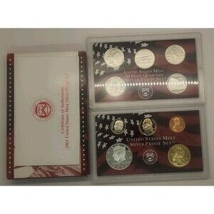 2001 S United States Mint Silver Proof Set , State Quarters, OGP, COA , 10 COINS